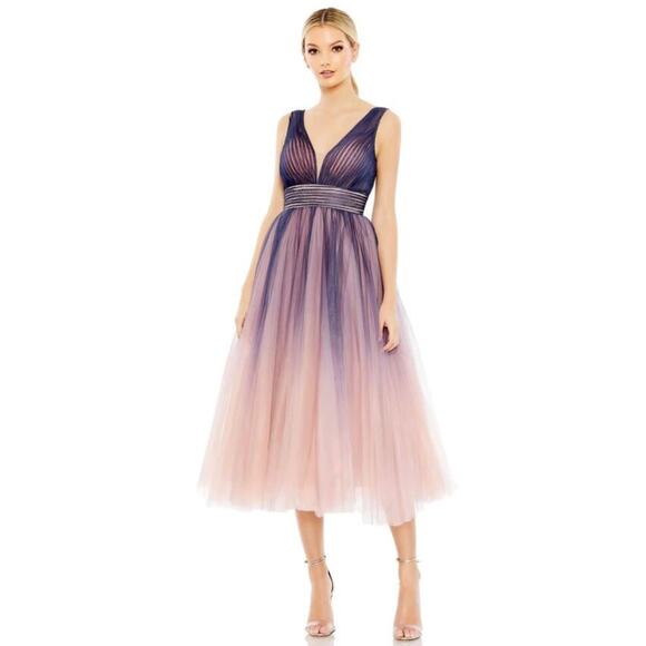 Mac Duggal 20403 Purple Pink Ombre Pleated Tulle Midi Dress Size 6 - Picture 7 of 9